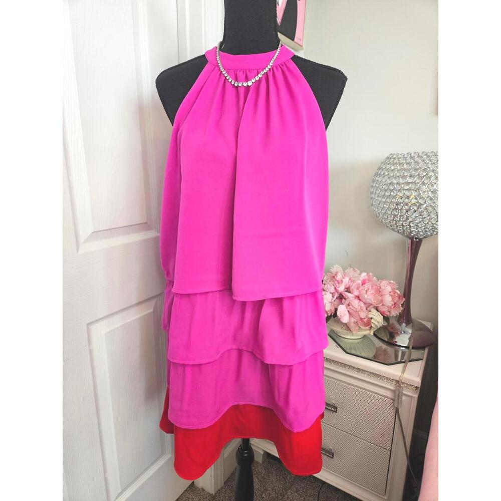 TCEC Elegant Halter Neck Tiered Dress in Fuchsia and Red Size Small  H118